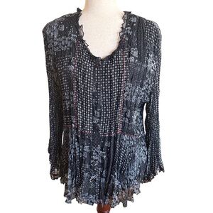 Black Sheer Boho Tunic Top Lace Trim Patchwork Print Long Sleeve. Boho, Western